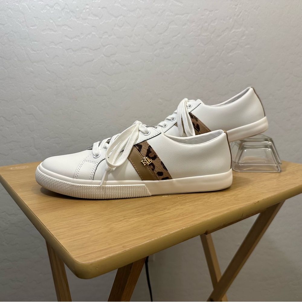 Lauren Ralph Lauren Janson Super Soft Leather White & Leopard Sneakers Size 9